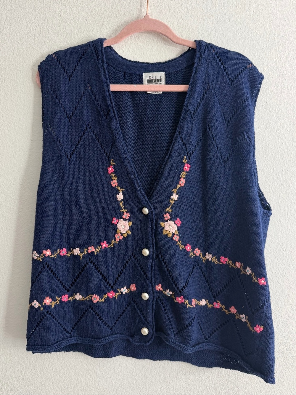 Vintage Leslie Fau Navy Knit Button Front Vest with Pink Floral Embroidery Large